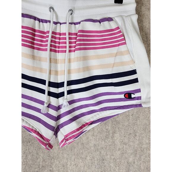 CHAMPION + URBAN OUTFITTERS Pink Purple Black Striped Comfort Sweat Shorts SZ M - Picture 3 of 7